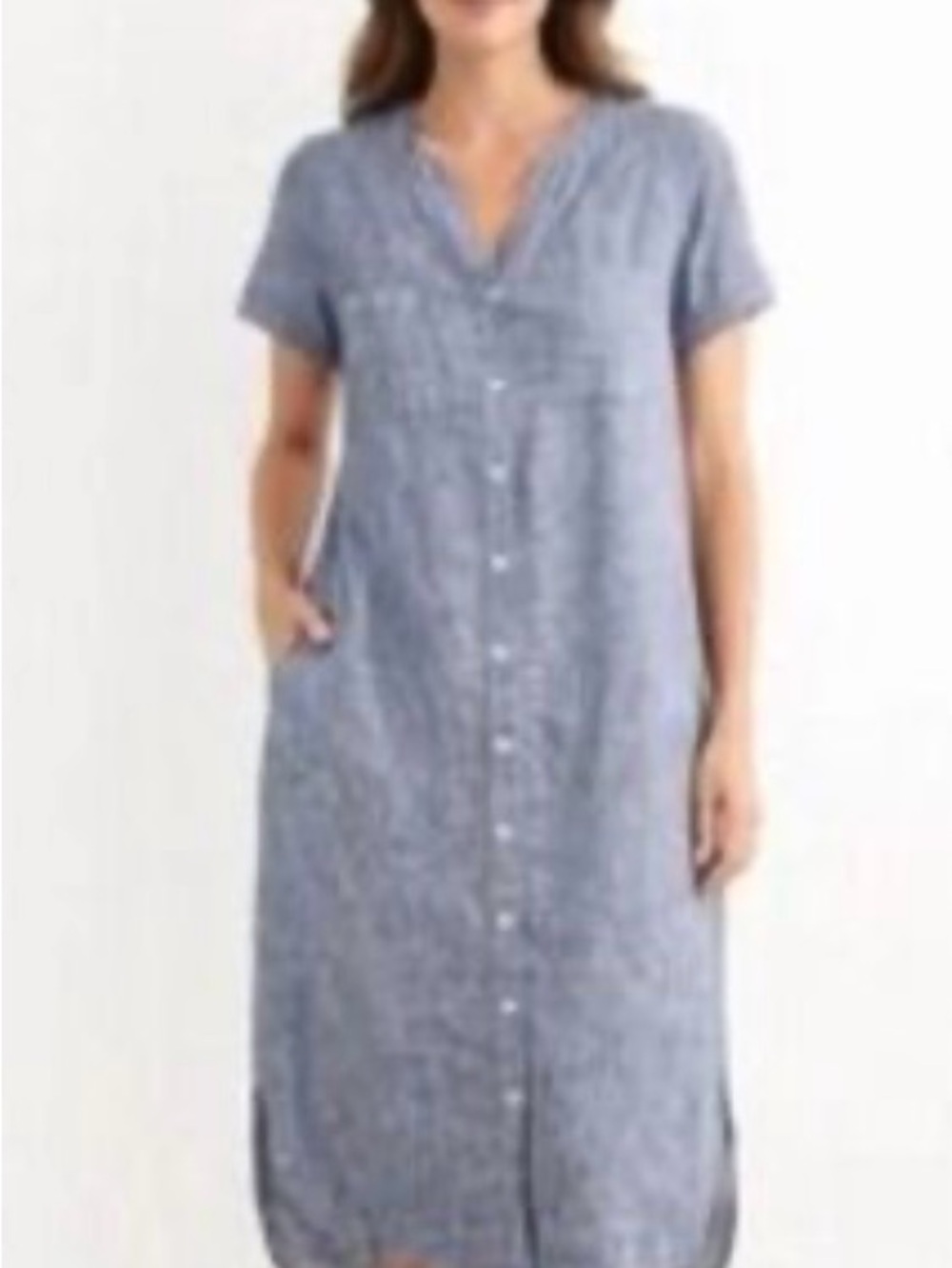 J. Jill Blue Button-Front Linen-Blend Midi Dress